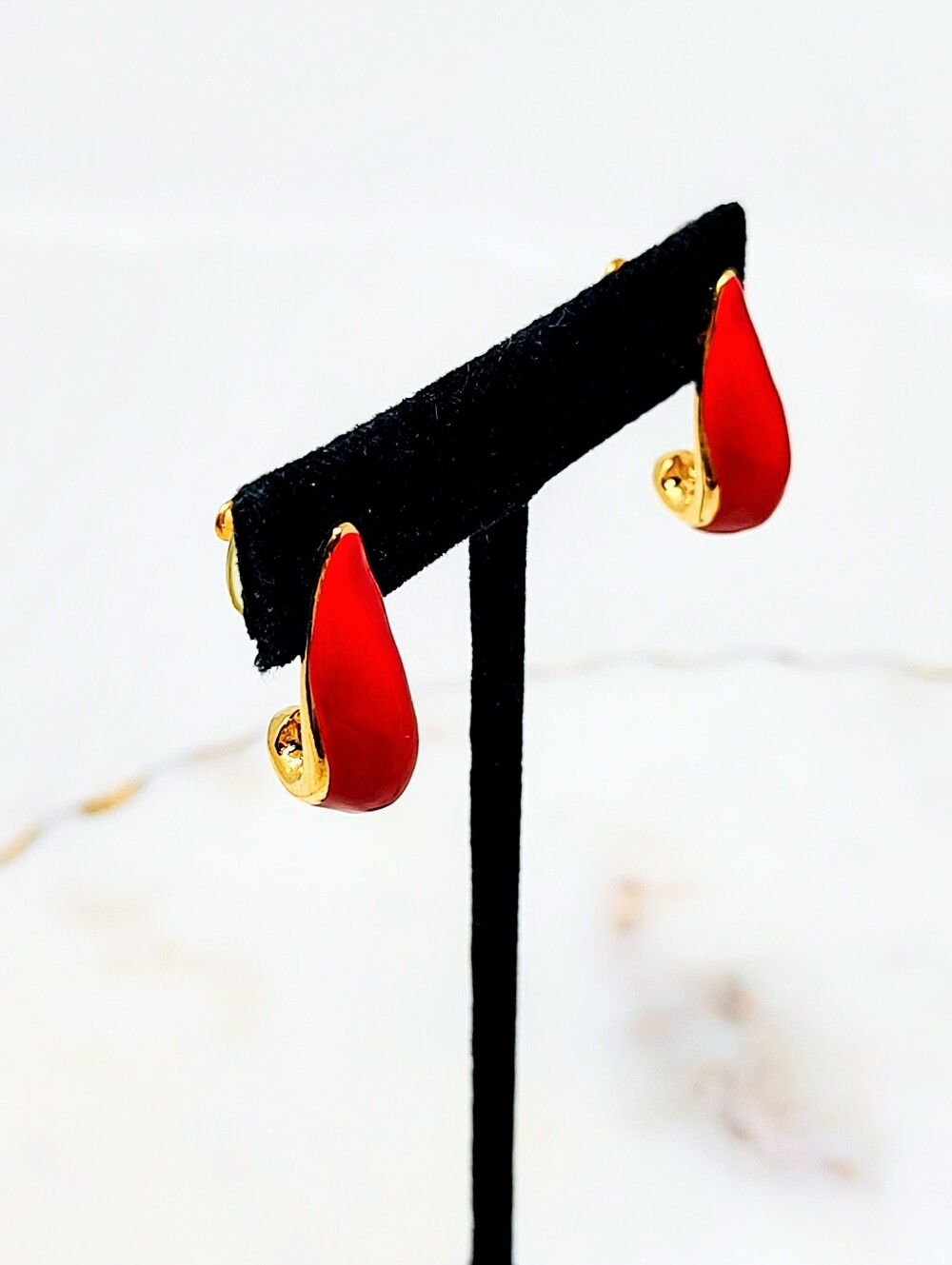 Bright Red And Gold Elegant Hook Drop Post Earrings Vintage Colorful And Chic